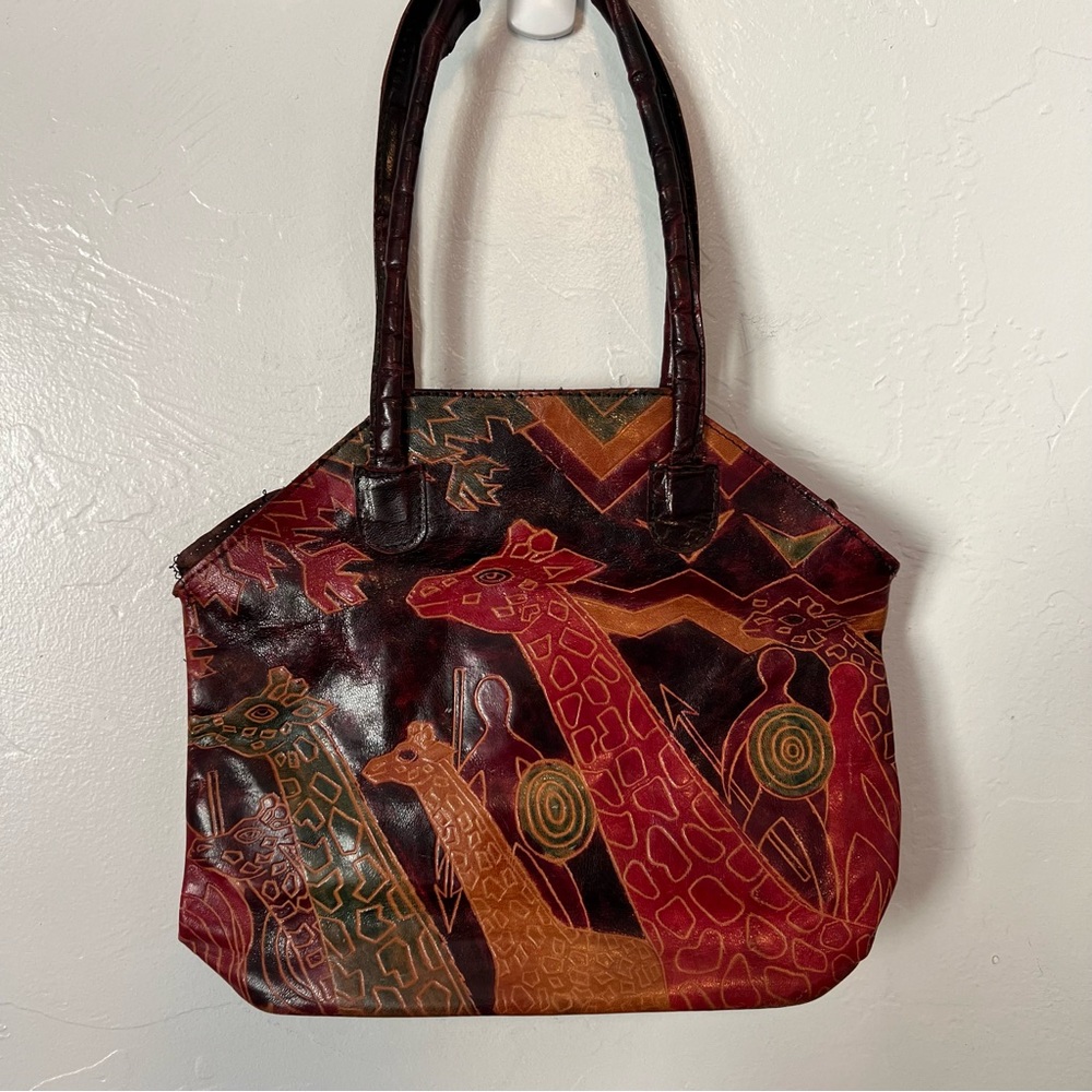 Handcrafted Leather Tote with Giraffe Design see pictures needs sewing